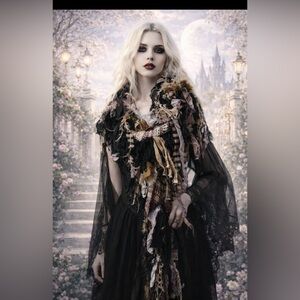 Handmade Leather Fringe Faux Fur  Upcycled Dark Gothic Upcycled Scarf 76”Unique